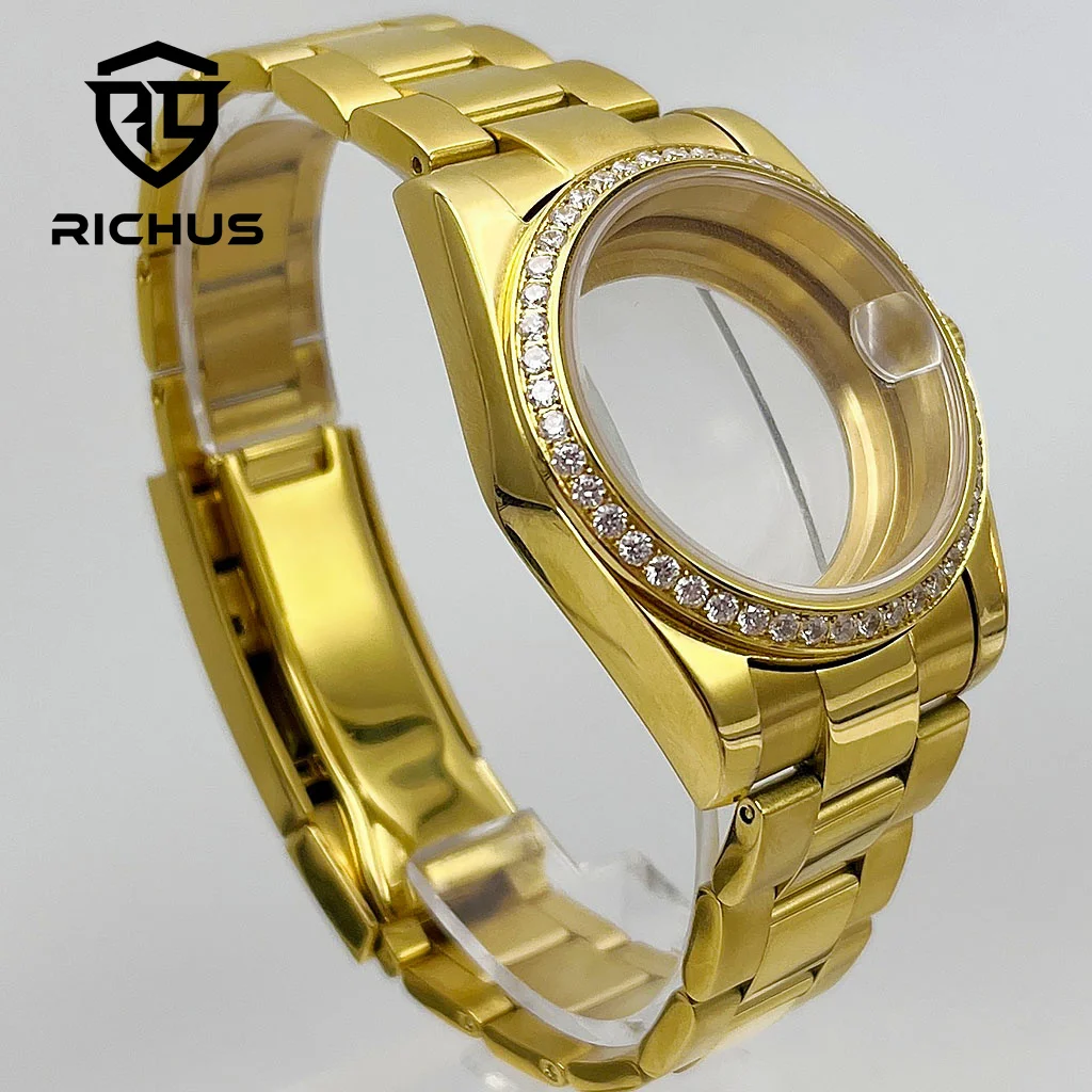 Корпус RICHUS NH35 36 мм 39 мм, золотой корпус для часов, сапфировое стекло, подходит для NH35 NH36 ETA2824 PT5000 Miyota8215-DG, автоматический механизм