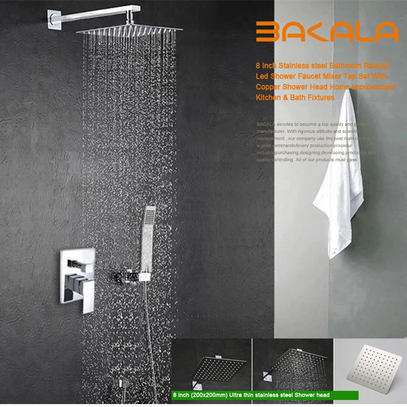 BAKALA Luxury 8-10-12-16 inch Stainless Steel Bathroom rain  shower faucets head shower set with hand shower shower kit