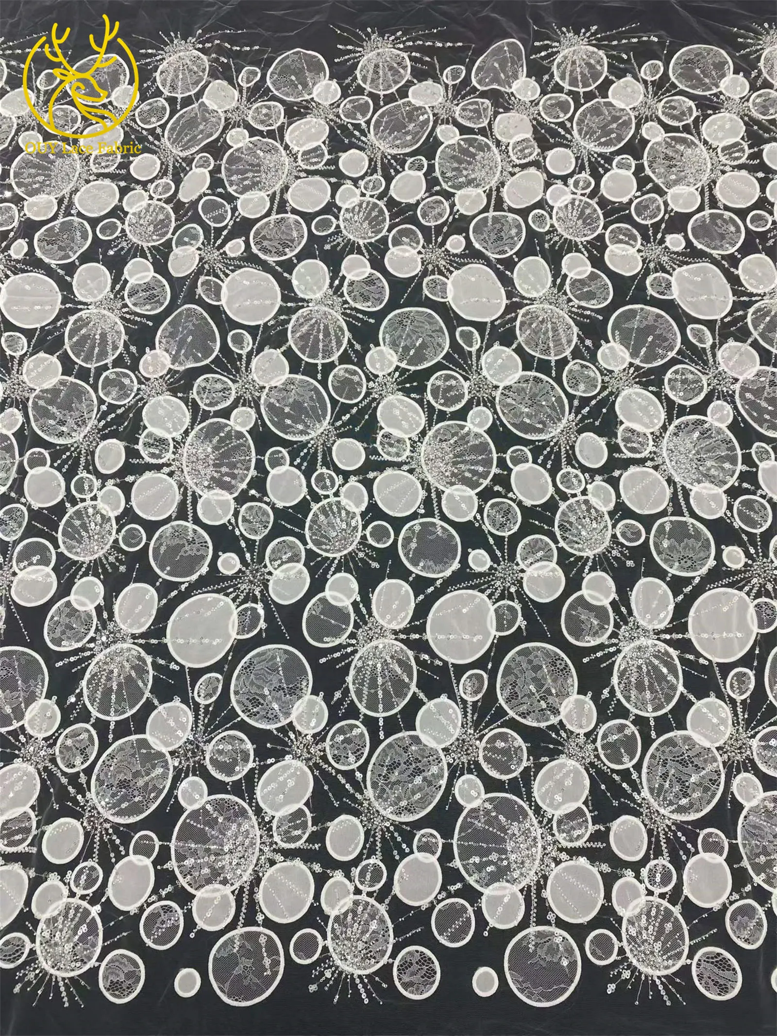 Luxuriöser afrikanischer Spitzenstoff mit Pailletten-Stickerei, gelb, 5 Yards, französischer nigerianischer Tüll-Spitzenstoff für Damen-Partykleider zum Nähen – Detail 9