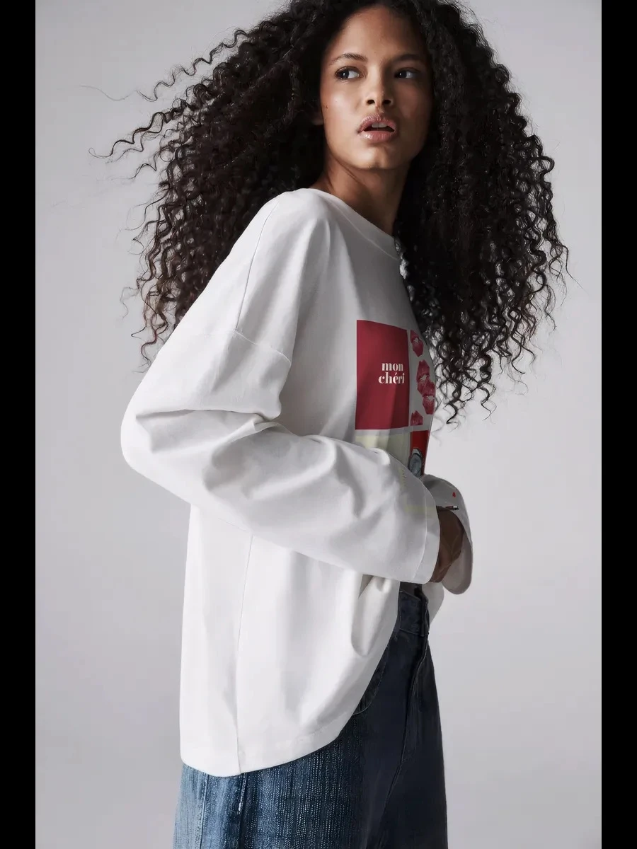 Faionable ample imprimé décontracté rond Ne Long Sve t-shirt haut femme coupe ample coton équipage Ne Sweat