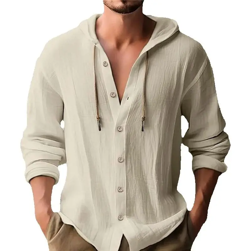 

Мужская льняная рубашка, однотонная уличная одежда, толстовка с длинными рукавами, кардиган, одежда для мужчин, топы на пуговицах, повседневная свободная мужская рубашка с капюшоном