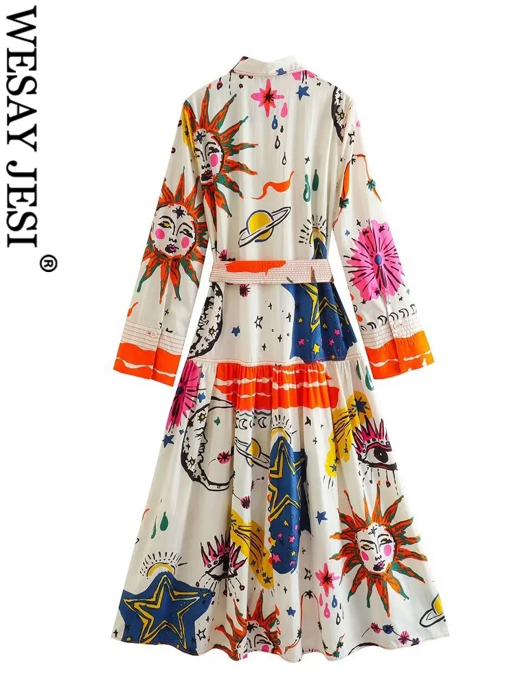 WESAY JESI TRAF Women Summer 2023 Bohemian Midi Dresses Printed Lace-Up Long Sleeve Single Breasted Female Loose Dress For Beach