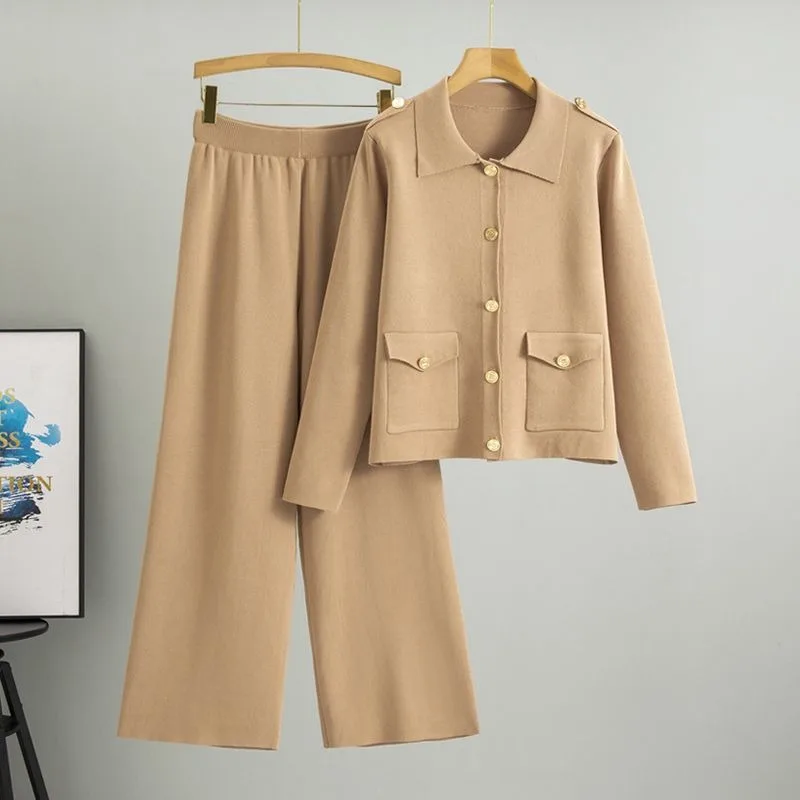 

Temperament Casual Suit Women's 2025 Spring Fashion Breasted Knitted Top Solid Color Wide Leg Pants Two-piece Set High Street