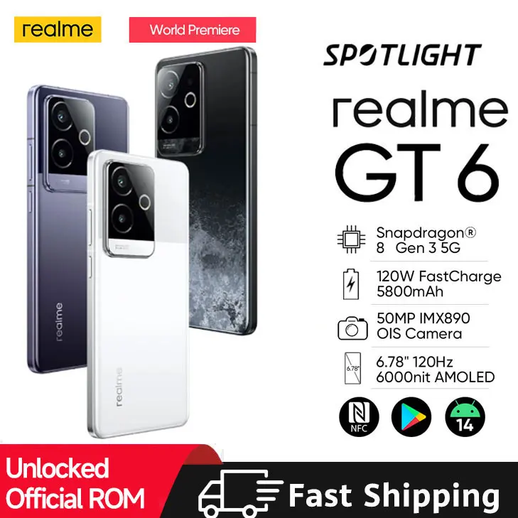 Smartphone officiel Dean realme ight6 5G, débloqué, 6.78 pouces, Snapdragon 8, Isabel 3, 50MP, 5800mAh, 120W, NDavid smile Vooc Charge, Realme GT6 5G