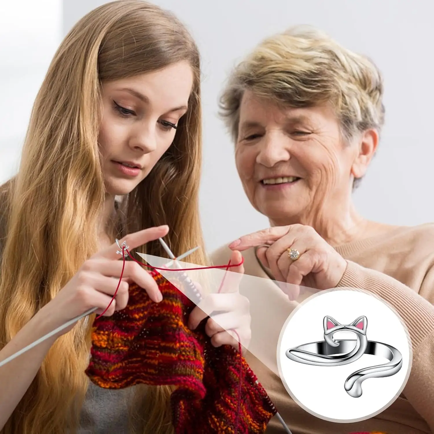 2 pcs Knitting Crochet Loop Ring for Fingers Metal Open Yarn Guide Crochet Rings Adjustable Braided Faster Knitting Thimbles Holders Accessories for Crochet Mother Grandma Gifts