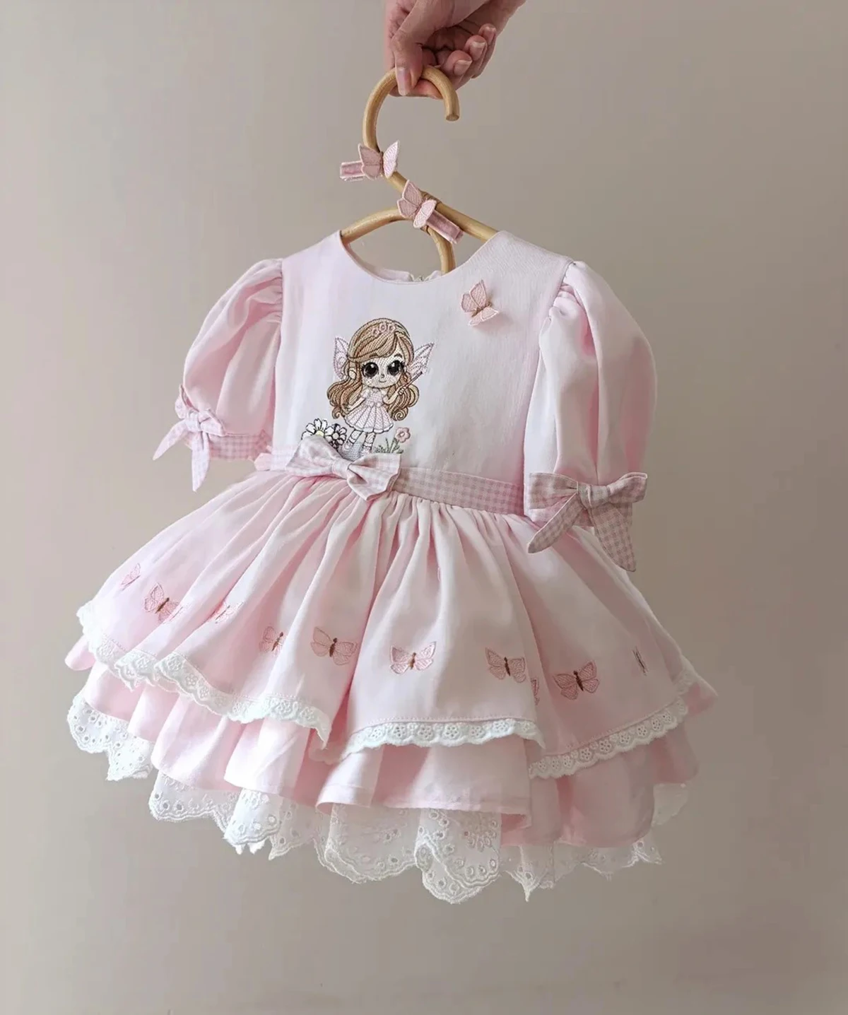 

Summer Girl Sweet Butterfly Little Girl Embroidered Lace Bow Pink Puffy Dress for Casual Party Birthday Wedding Photography