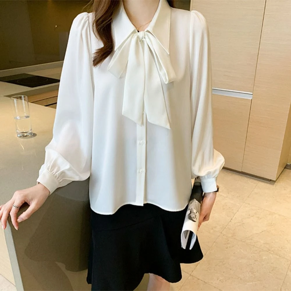 Fashion Flip collar Flare Sleeve Shirts French Style Ins Style Lace-up Bowknot Blouse Overshirts Loose Shirts Women Girl