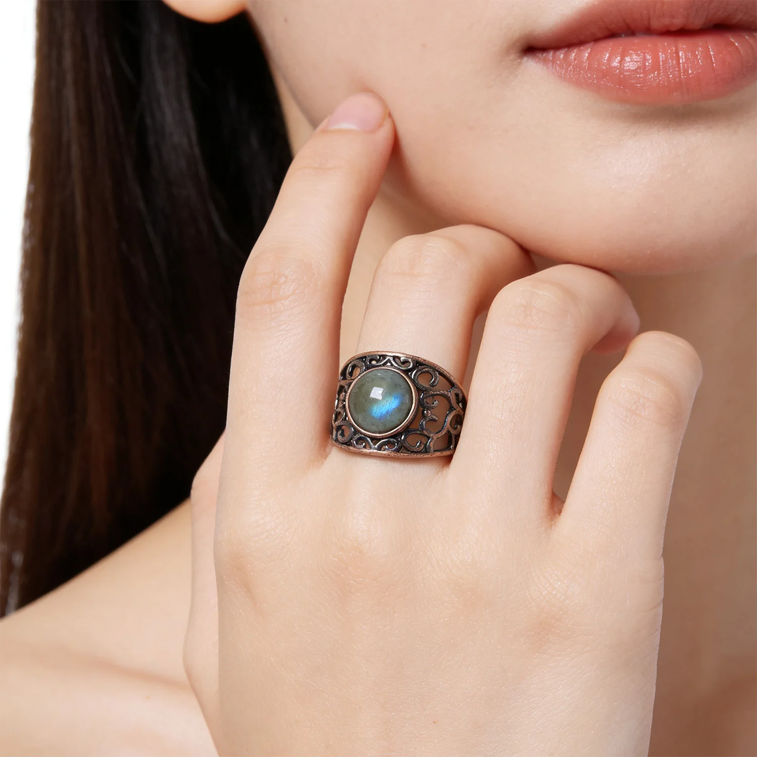 Vintage Distressed Bohemian Unisex Ring Pure Copper Inlaid Round Open Pinky Ring for Men and Women Fashion Statement Jewelry