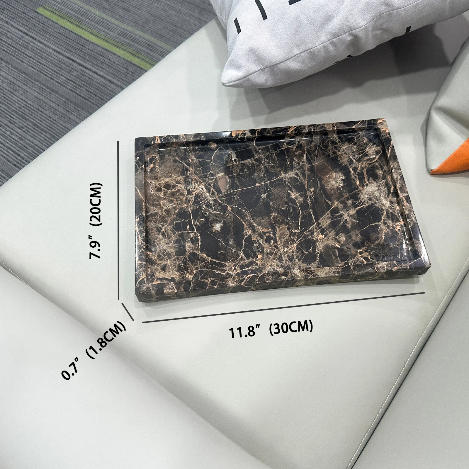 Real Natural Marble Tray Genuine Brown Marble Stone Storage Tray for Dresser/Vanity/Bathroom (Coffee Net, 12\