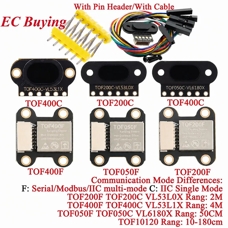 5Pcs/1pc VL6180/VL53L0X/VL53L1X TOF10120 Time of Flight ToF Laser Ranging Sensor TOF050F TOF050C TOF200C TOF400C 50CM/2M/4M IIC