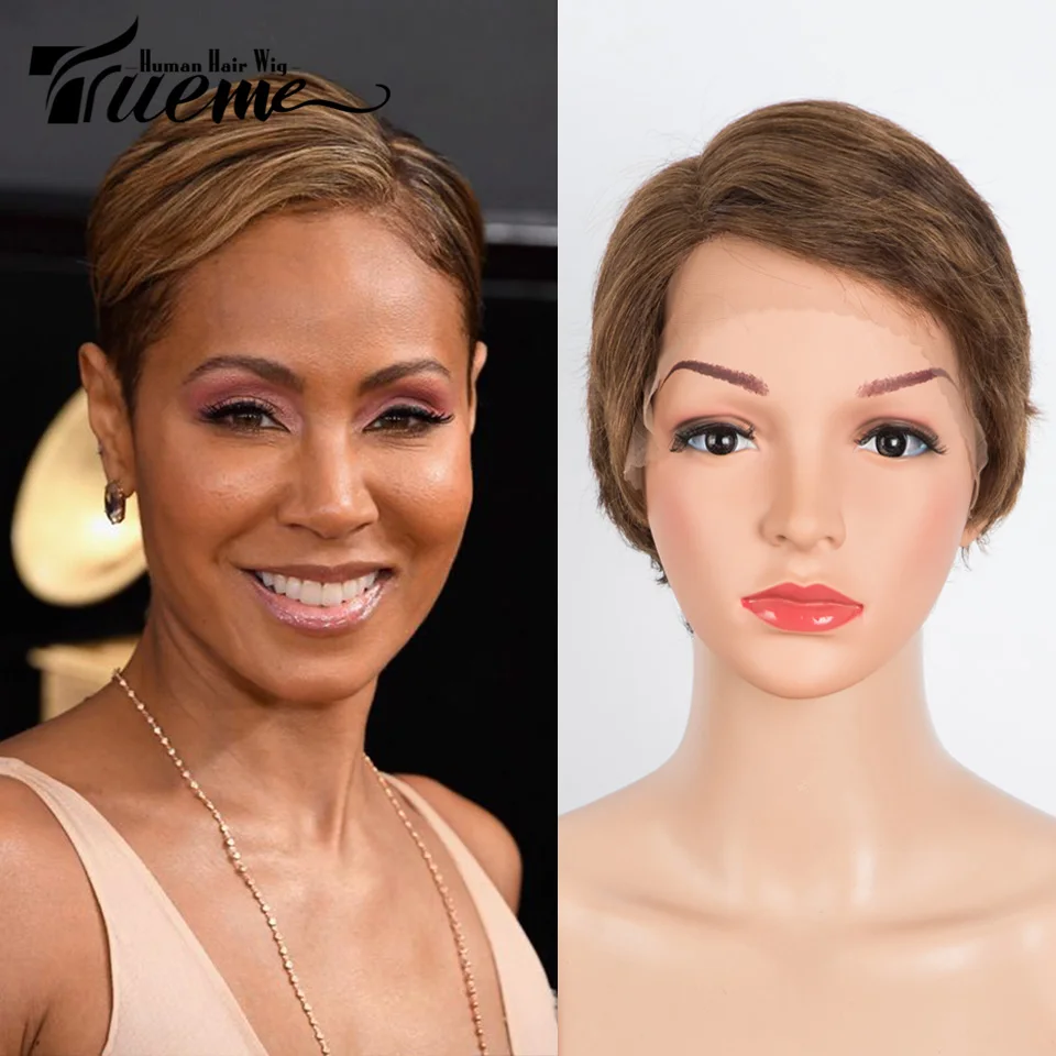 Trueme Short Pixie Cut Lace Wig Human Hair Wigs For Women Colored Brazilian Tranparent Lace Front Highlight Brown Human Hair Wig