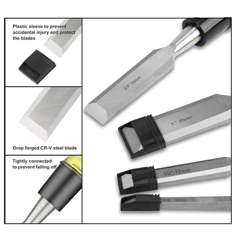 

ABGH-4Pcs Wood Chisel Set For Woodworking, CR-V Steel Beveled Edge Blade, PVC High Impact Handle Wood Chisel