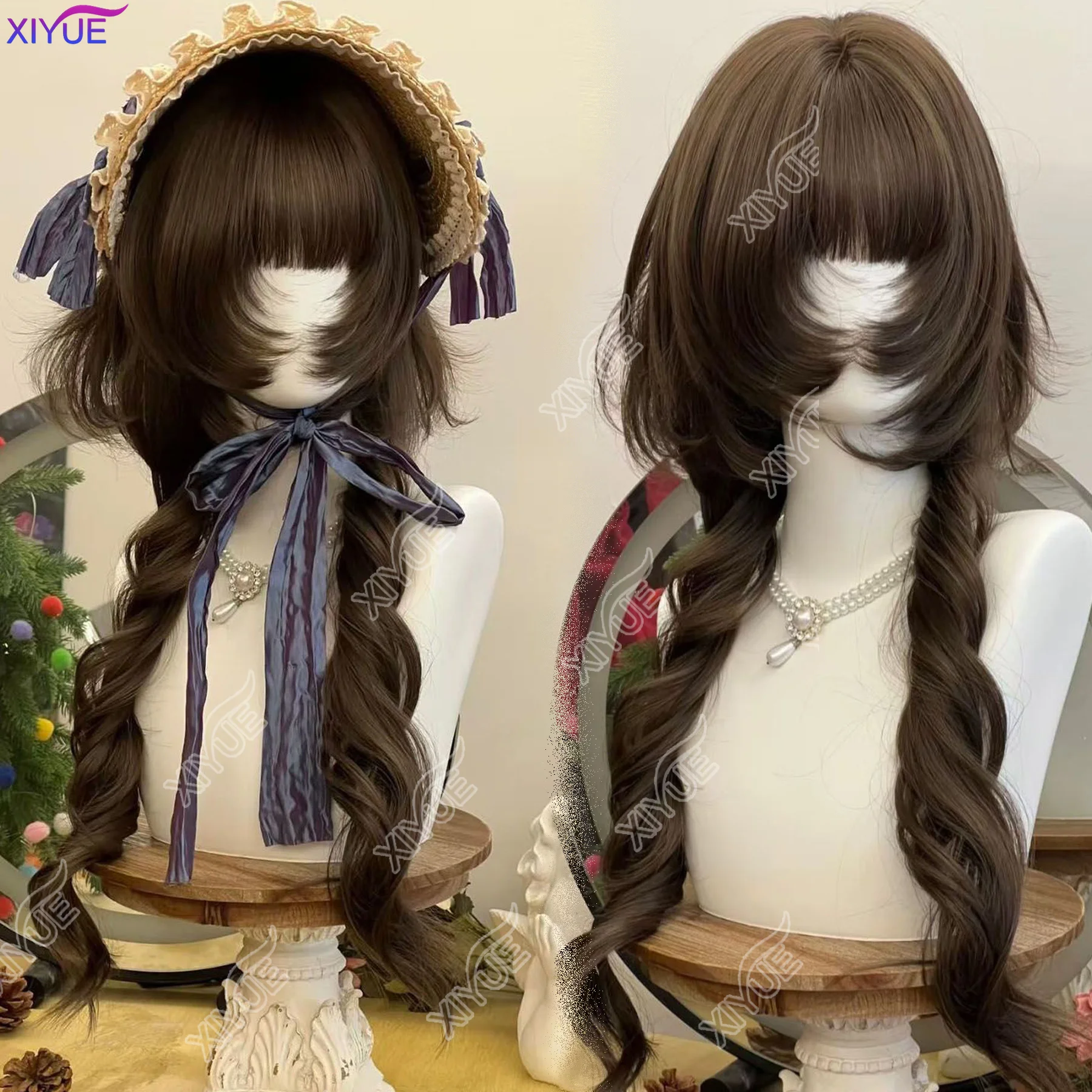 Brown Black 50CM Double Ponytail Long Curly Wave Hair Lolita Wigs With Bangs Synthetic Wig For Women Curls Wigs Girl