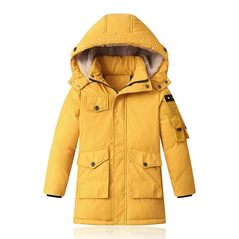 Kids Long Boys Loose Thick White Duck Down Black,Green,Yellow Baby Coat, Children Hooded Padded Jacket Clothes Winter