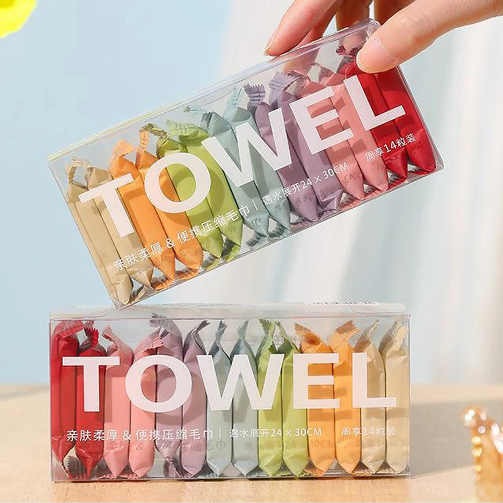 14PCS Compressed Towel Travel Disposable Face Towel Cleaning Quick Drying Towel Pure Cotton Non-Woven Fabric Wipes Makeup Towel