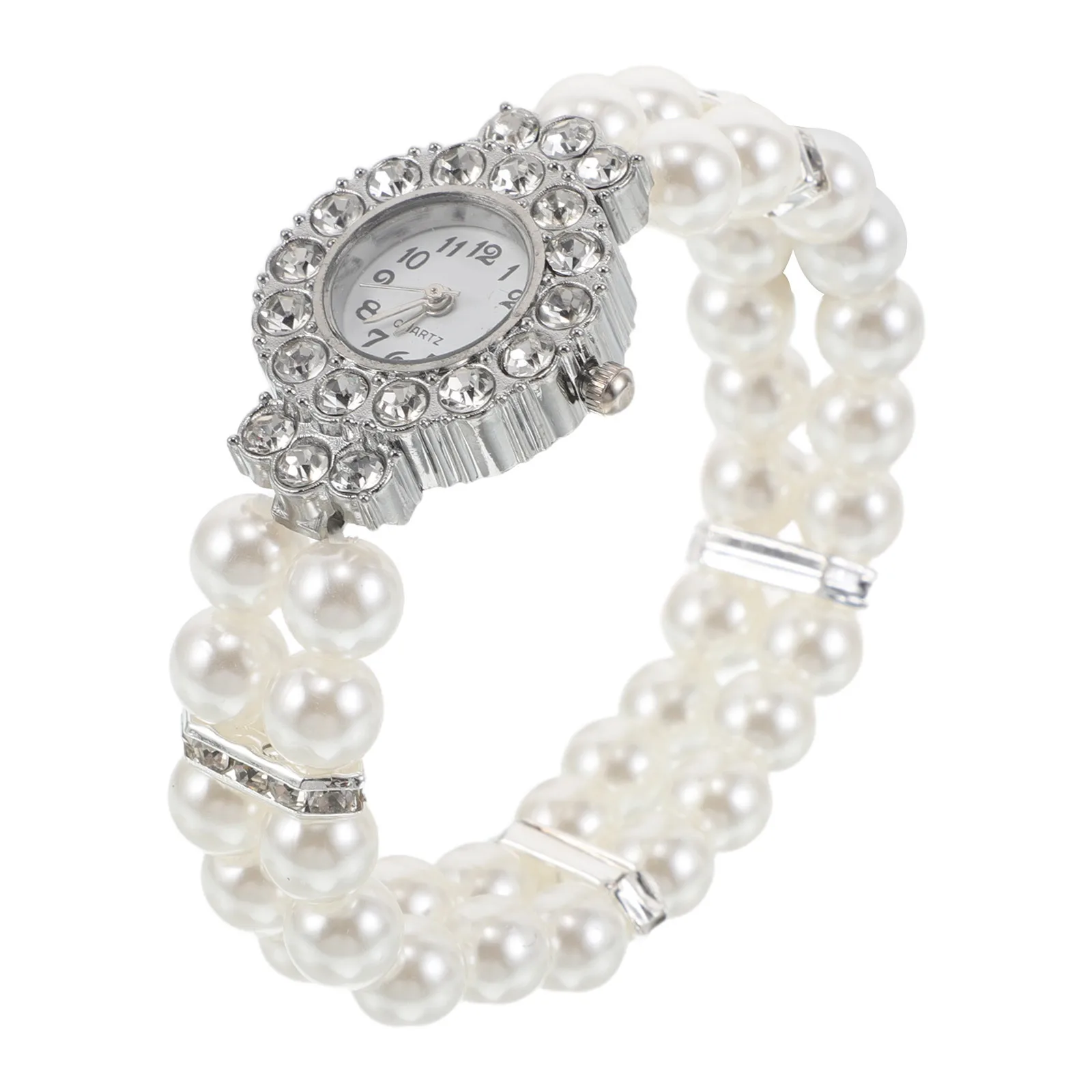 السيدات لؤلؤة سوار فستان ساعة صغيرة مستديرة الطلب صف مزدوج التناظرية كوارتز ساعة اليد هدية عيد الميلاد الإكسسوارات