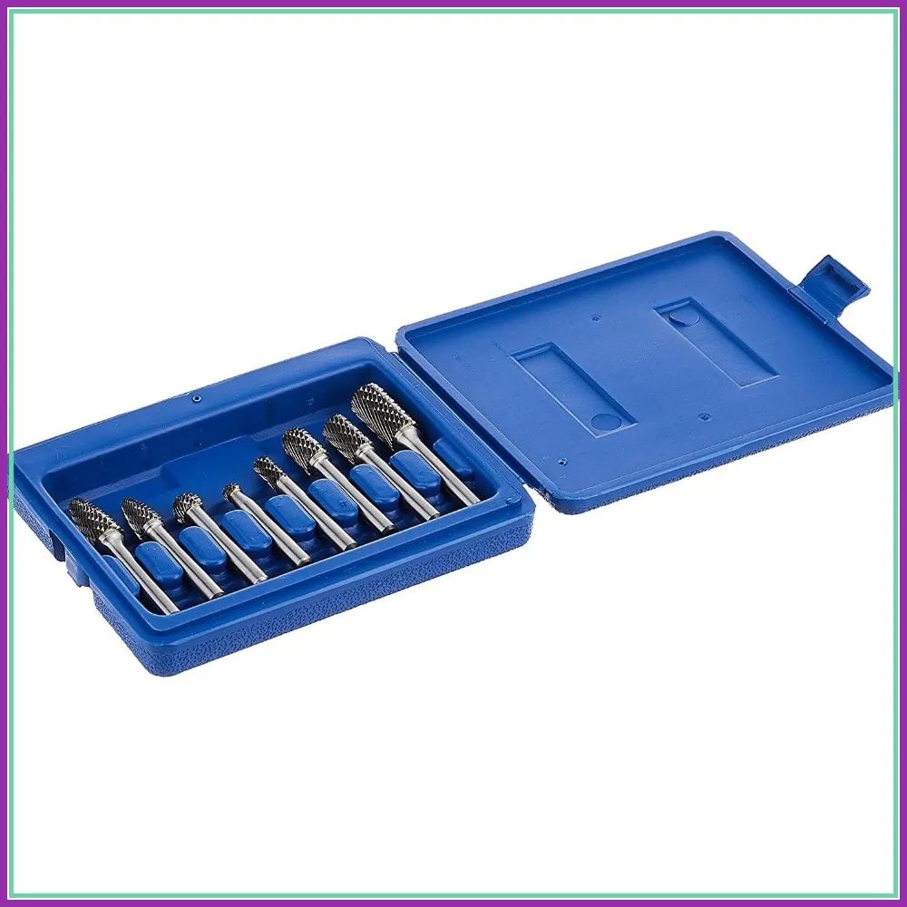 

8-Piece Double Cut Carbide Rotary Burr Set with 1/4" Shank in Blow Molded Case for Precision Metalworking