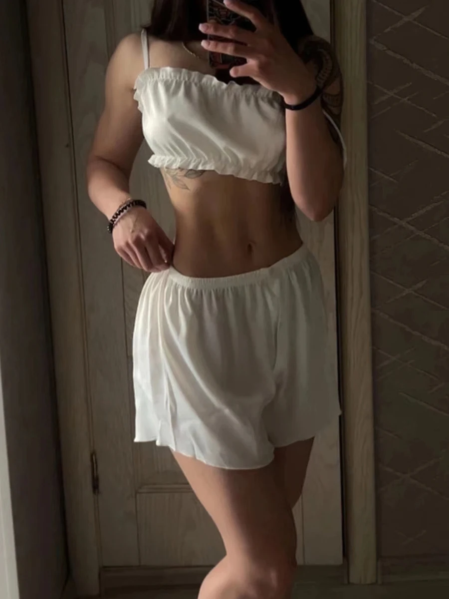 

Women's Sexy Lace Satin Lingerie Nightwear Dress Sweet Lace up Pajama Solid White Color High Waist Wooden Shorts Set Nightdress
