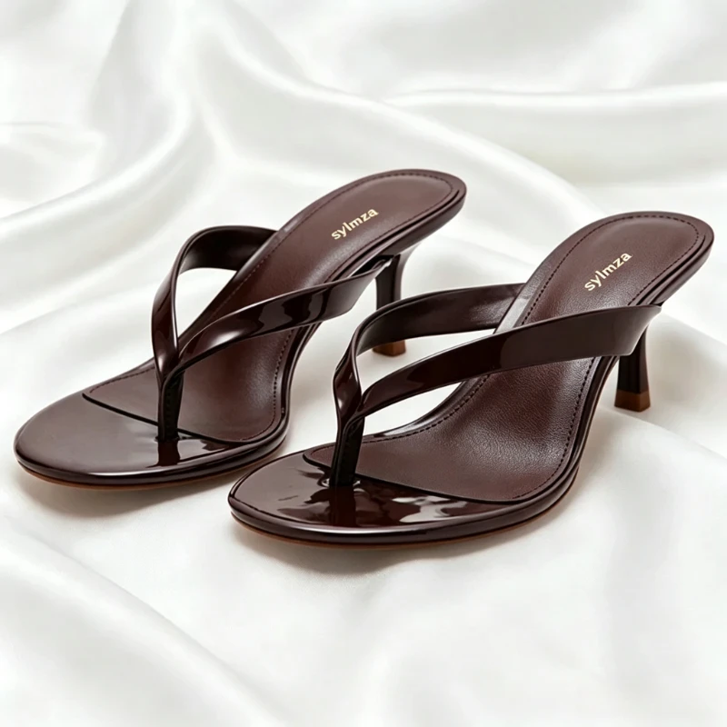 High-quality Burgundy Patent Leather Mule Sandals Women Summer Sexy Open-toe Stiletto Flip-flops Fashion Round-toe Slide Sandals