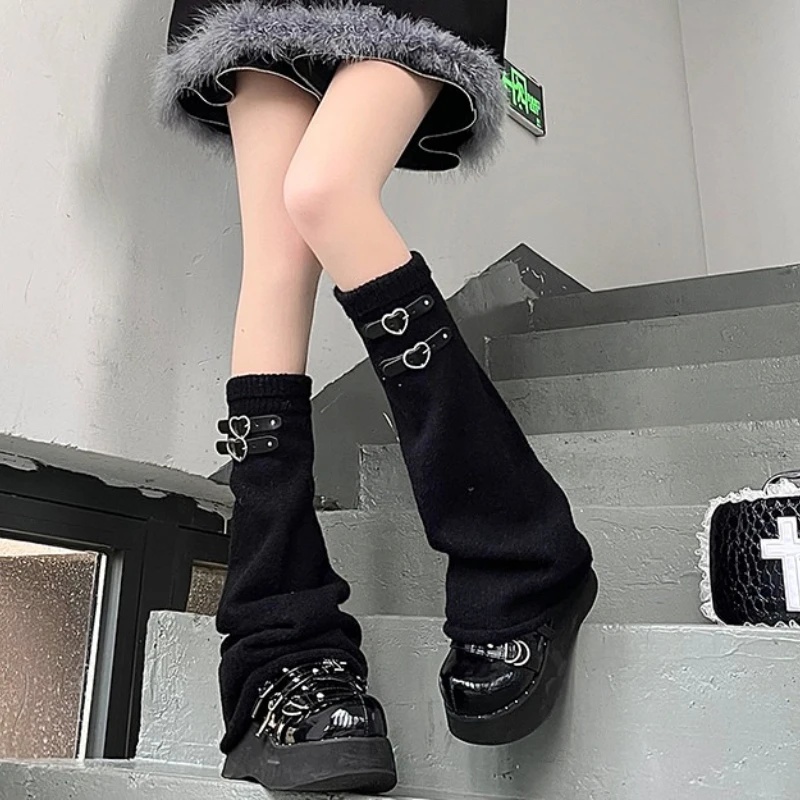 Y2k Gestrickte Lose Beinlinge Herz Leder Schnalle Thermische Pile-up Socken Frauen Herbst und Winter Harajuku Subkultur Bein Abdeckungen – Detail 5