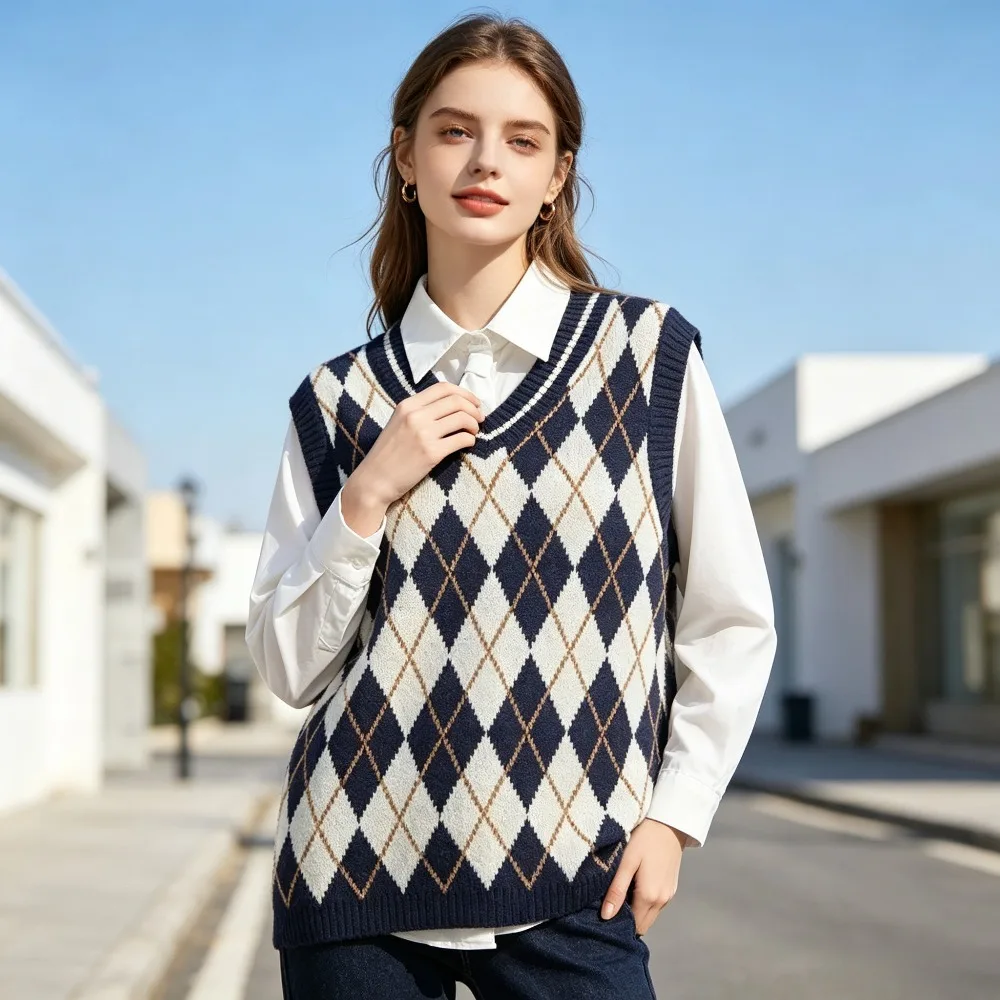 Women Rhombus Plaid V Neck Knitted Sweater Vest Loose College Style Sleeveless Waistcoat, School Uniform Matching Layered Top
