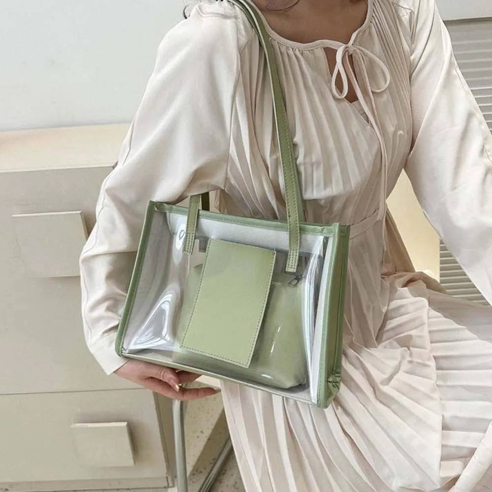 2 قطعة/المجموعة أنيقة شفافة حقيبة جيلي بو الجلود سعة كبيرة واضح بولي كلوريد الفينيل حقيبة كتف كيس التخزين لون الحلوى حقيبة يد المرأة