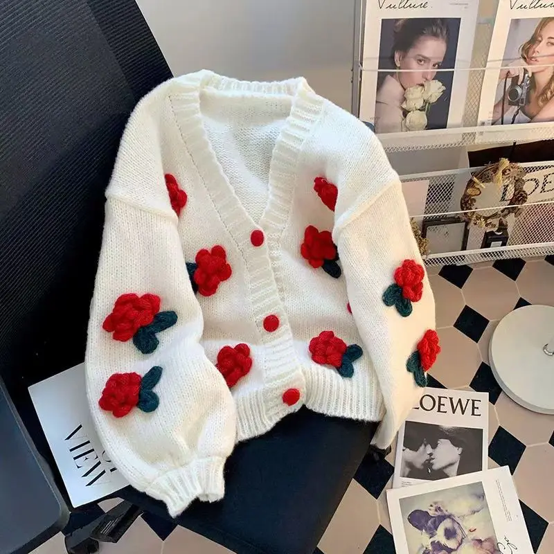 Womens Cardigan Sweaters Fall Oversized Chunky 3d Flower Open Front Knit Trendy Jackets Top for Autumn Winter Cute Girl Clothing