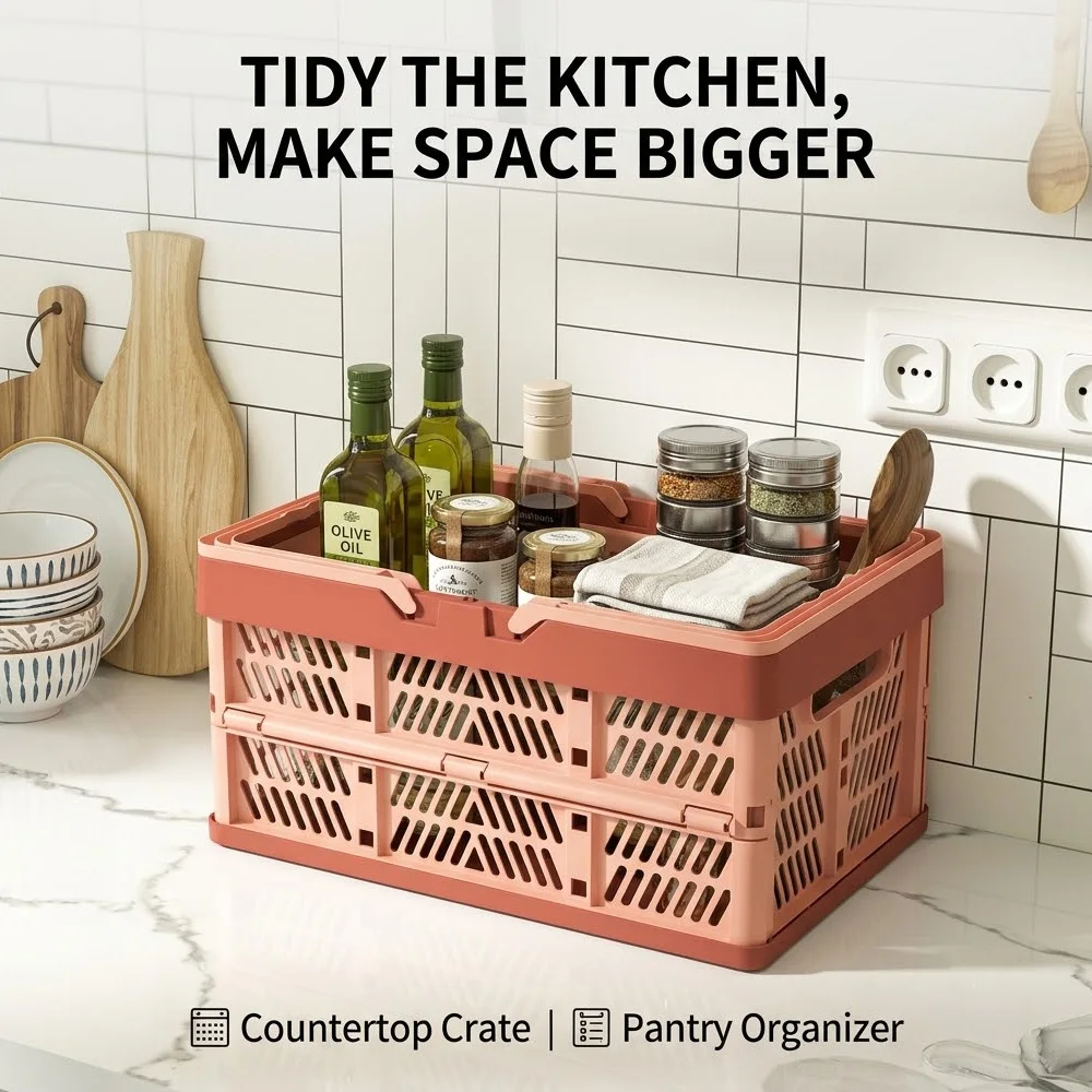 Collapsible Storage Basket with Handles Plastic Foldable Crate Morandi Desktop Organizer Box for Kitchen Office Pantry