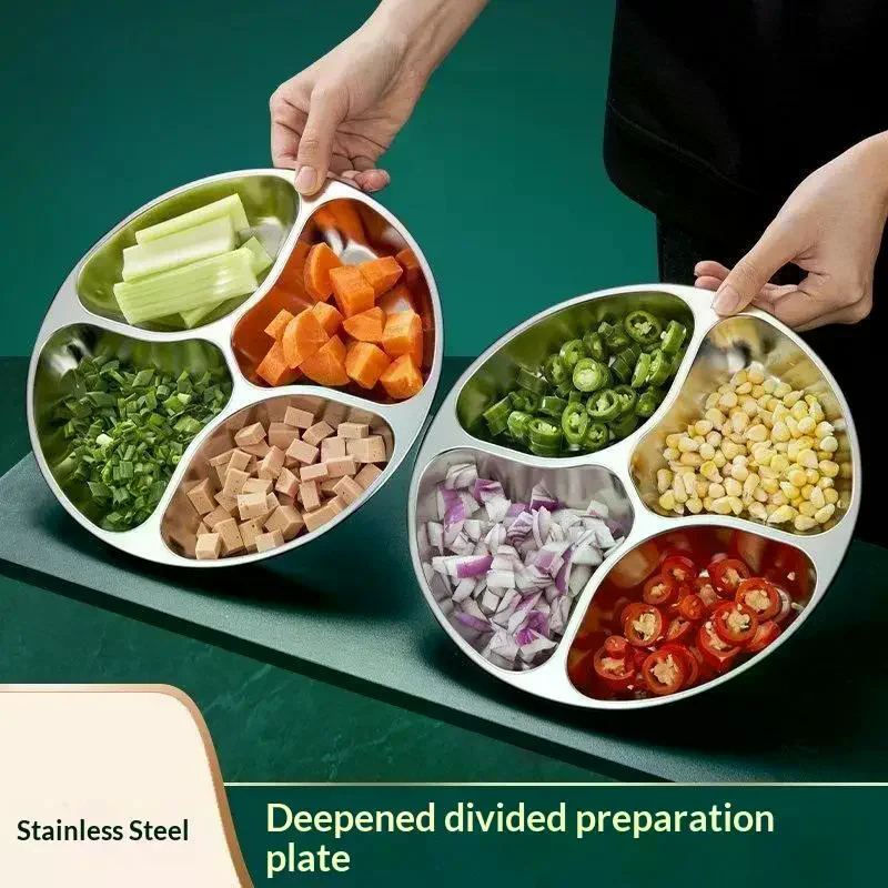 304 Stainless Steel Ginger Garlic Onion Prep Plate Multi Compartment Deepened Seamless Kitchen Cooking Ingredient Tray