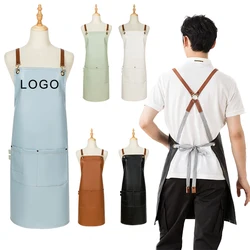 Custom Logo Nail Salon Aprons Leather Cross Back Straps Work Apron With Pocket Waterproof Apron For Art Work Nail Beauty Bar