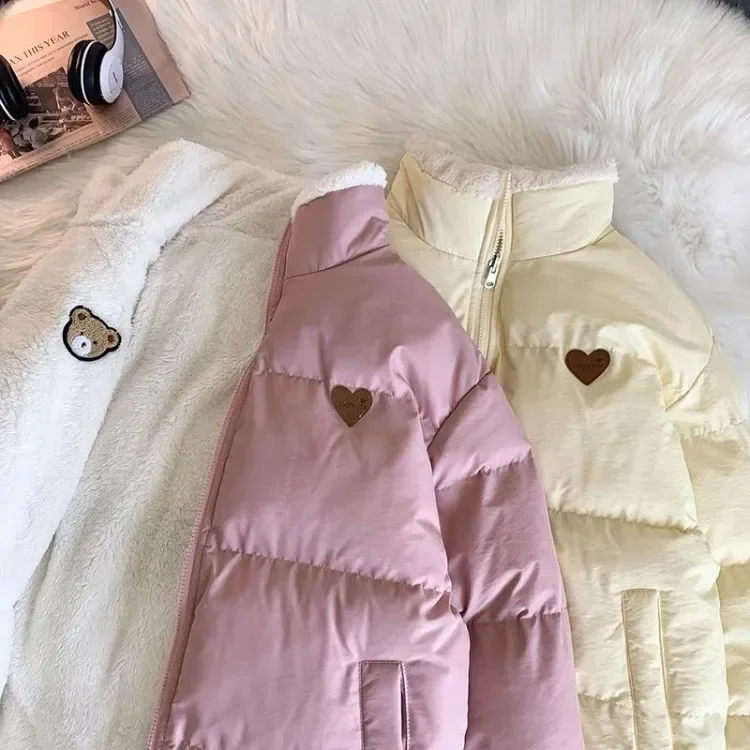 Cute Embroidery Parkas Coat Women Winter Korean Fashion Thick Loose Warm Jacket Double Sided Design Pink Student Clothes