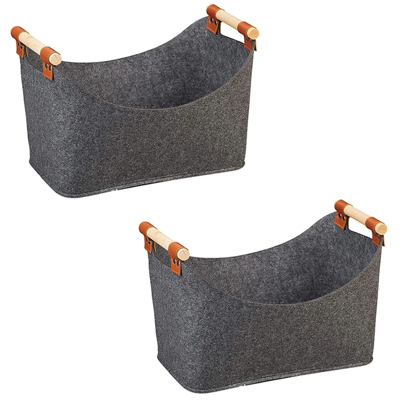 

2Xstorage Basket Felt, Foldable Storage Bin With Wood Handles, Storage Box For Wood Firewood Winter 17.7X 12.6X 15.7Inch Durable