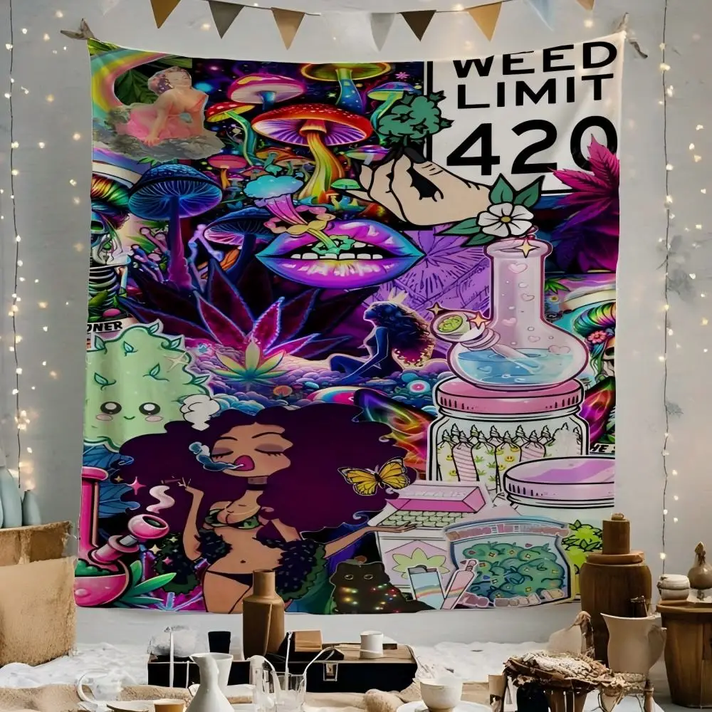 VIKAMA Psychedelic Cannabis Culture Tapestry WEED LIMIT 420 Trend Slogan Music Party Room Hippie Style Bedroom Theme Decor
