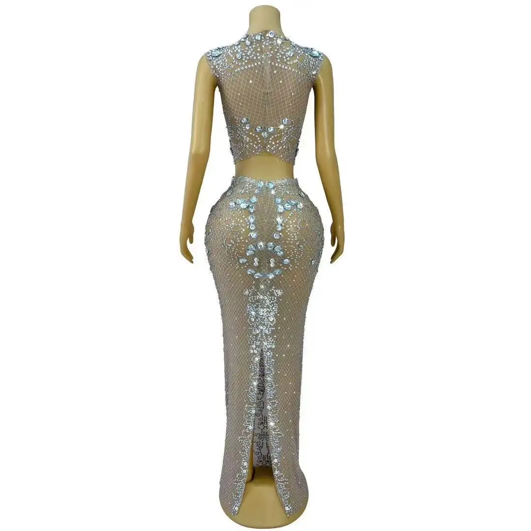 Sexy Stage Sparkly Rhinestones Mesh Skirt 2pcs Set Women Party Wedding Prom Elegant Gown Red carpet Stage Photoshoot Dress