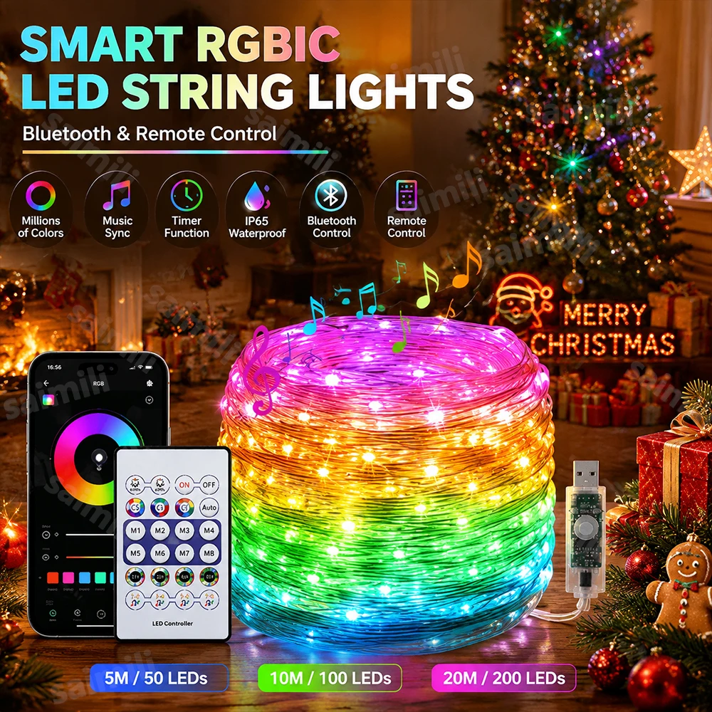 RGBIC WS2812B Smart LED String Lights Music Sync Bluetooth APP Control Dream Color For Christmas Holiday Party Home Decor Light