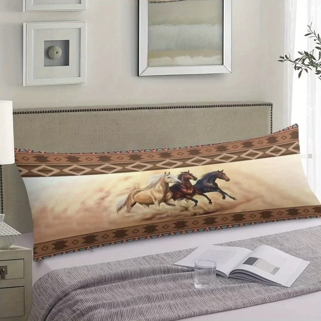 Vintage Western Farmhouse Decorative Body Pillow Cover Horse in Desert Sand Design, Soft Polyester