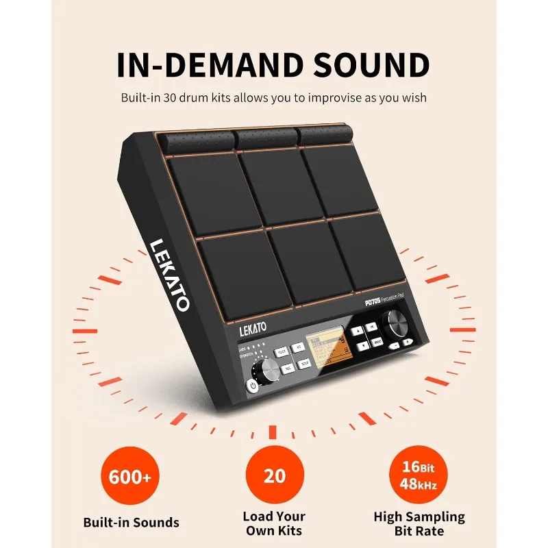 LEKATO Percussion Sample Pad, Electric Drum Pad Electronic Drum Set Pad Multipad with MIDI out  Looper Metronome Trigger inputs