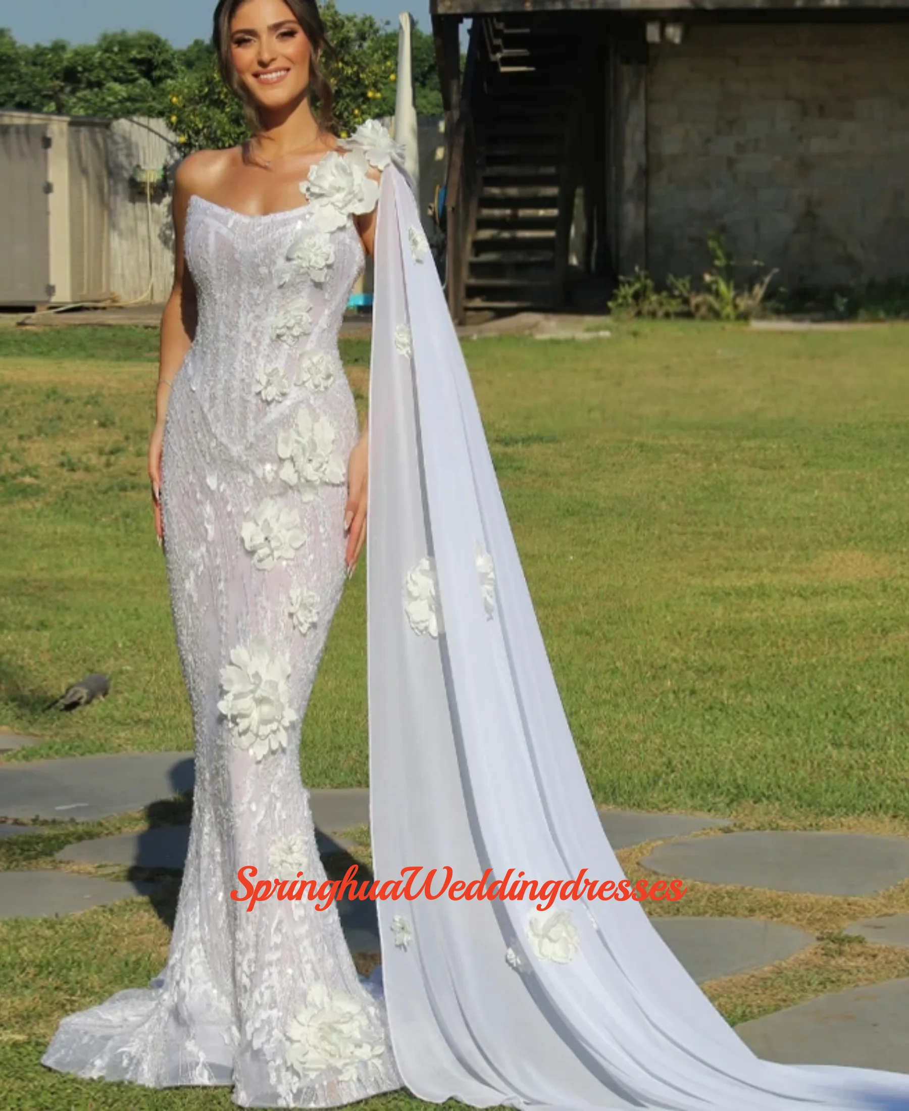 Customzied Elegant Glitter 3D flowers Wedding Gown Cut Outs Florals Corset Full-sleeve Mermaid Fit Skirt Gown Vestido de novia