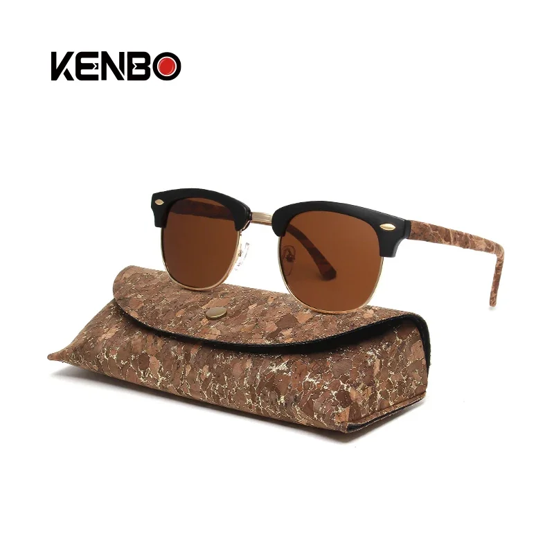 

Kenbo Half Frame Polarized Wood Sunglasses With Case Man Woman Luxury Brand Designer Sun Glasses Male Retro Rivet Mirror Eyewear