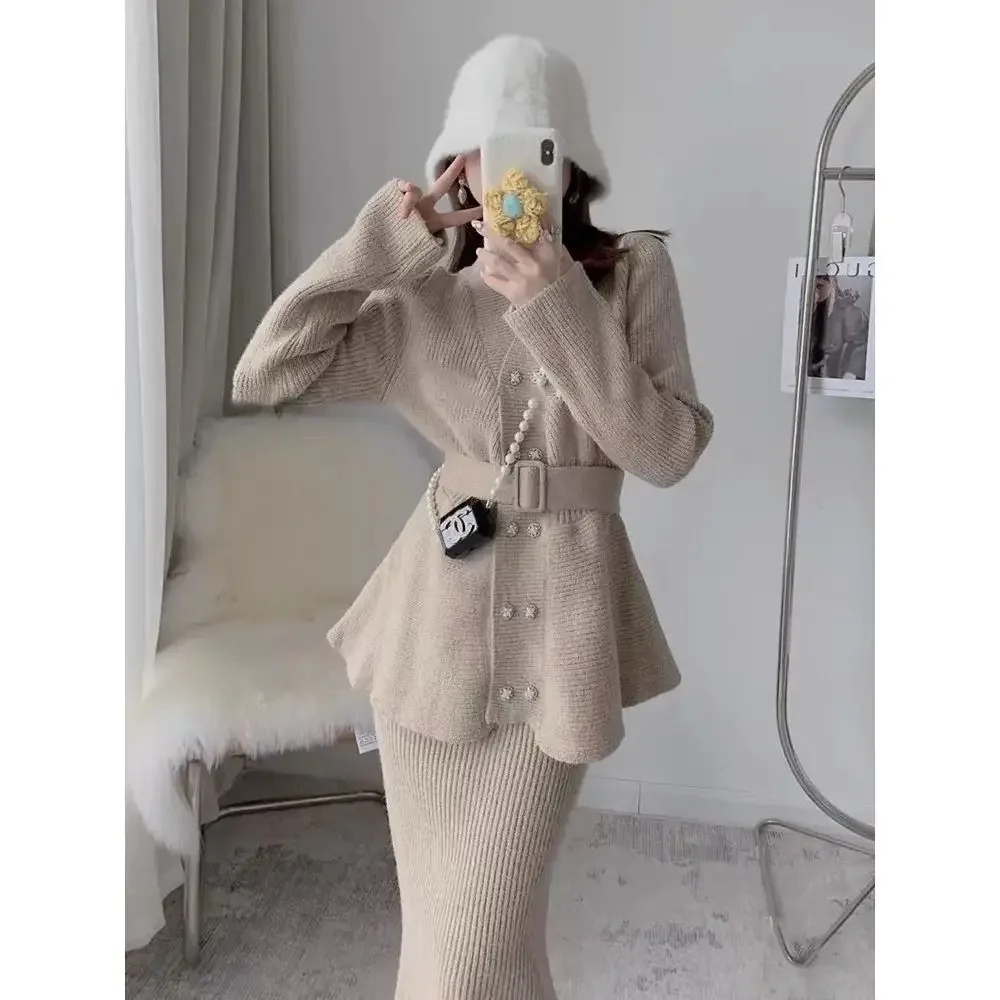 Elegant Socialite Style High-end Feel Tweed Two-piece Suit Dress For Women Autumn Winter Stylish Lady Professional Tweed Knit