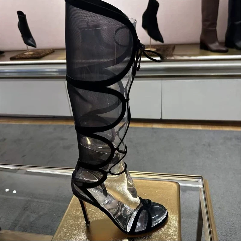 

Черные сетчатые пикантные сандалии на шпильке с открытым носком и перекрестным ремешком, женские летние ботинки на лето 202, французские римские сандалии