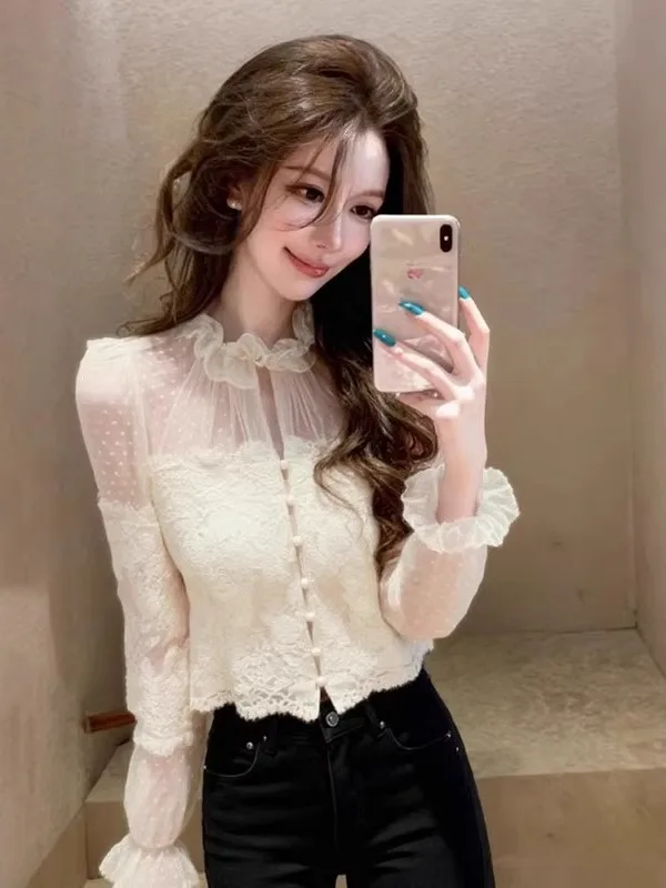 

Lace Splicing Hollow out Shirt Women's Slimming Waist Design Spring Autumn Sexy Charming Top Korean Style Commute Fashion