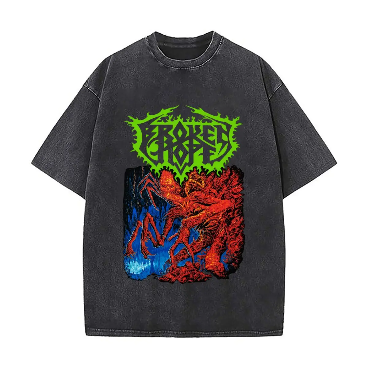 Broken Graves Gothic Demonic Creatures Illustration Washed Vintage Short Sleeve Loose Streetwear Tee