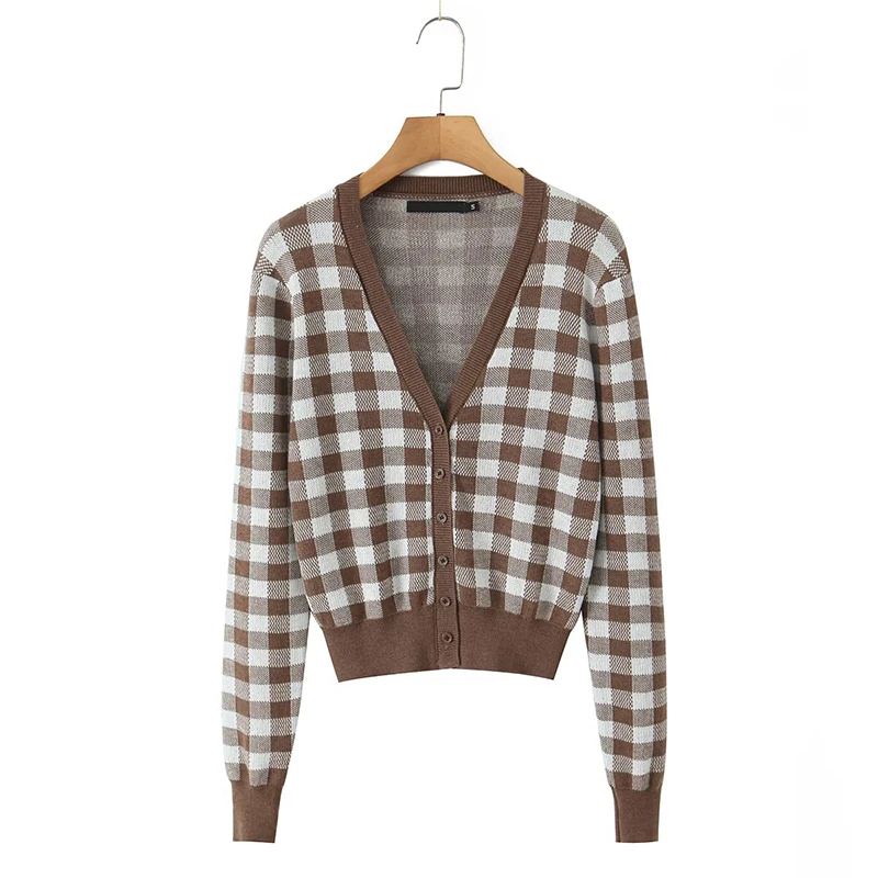 

YENKYE New 2025 Women Vintage Plaid Knit Cardigan Long Sleeve V Neck Single Breasted Casual Autumn Outerwear