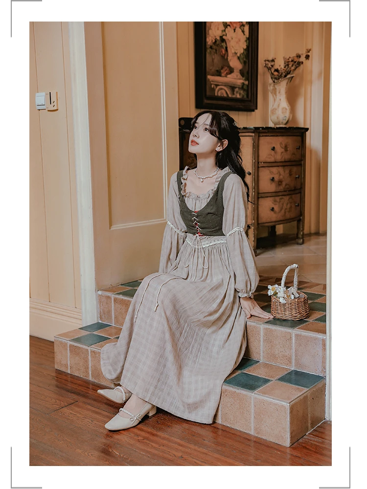 Medieval Cottagecore Retro Strappy Vest Cotton Linen Two-piece Dress Woman Renaissance Vintage Gothic Court Princress Dresses
