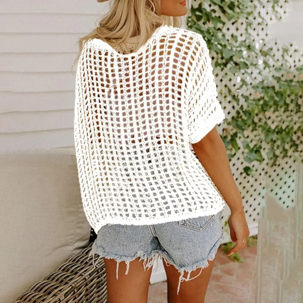 

Women Casual Knitwear Stylish Women's Crochet Knit Sweater Tops O-neck Short Sleeve See-through Hollow Out Pullover Tee Vintage