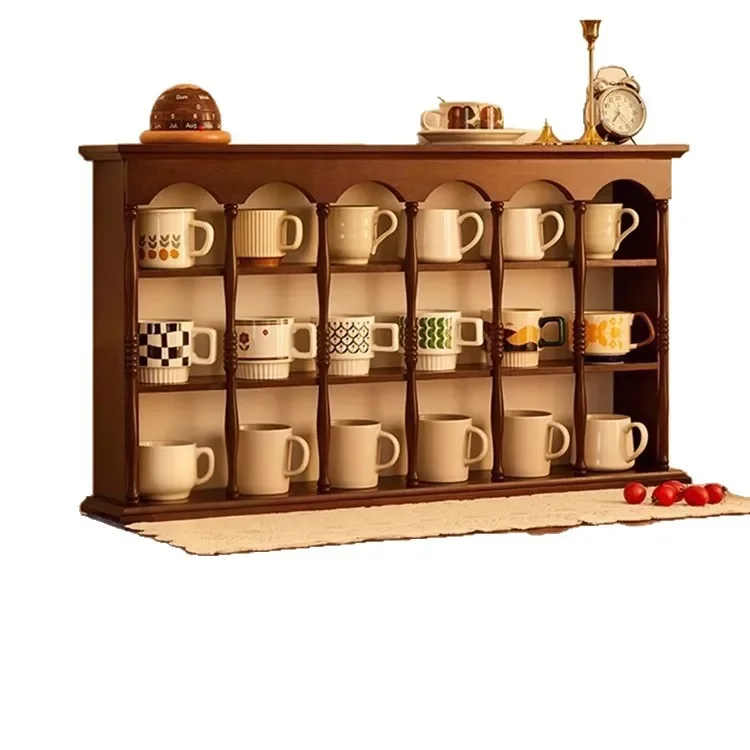 Retro solid wood shelf, wall hanging cup storage rack, desktop cup holder, wall coffee cup, teacup figure display rack