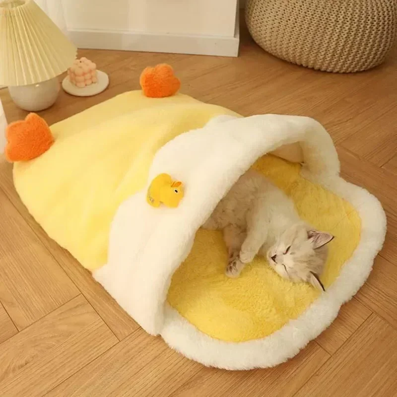 

Cat Bed winter universal cat mat Cute Duck Cat Bed Coral Fleece Yellow Duckling Pet Bed Soft Comfortable Kitten Mats In 2 Sizes