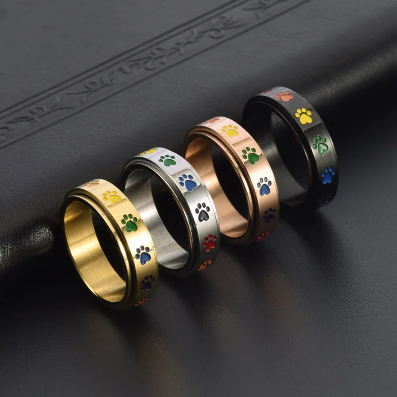 Cute Pet Footprint with Dog Paw Prints Rainbow Ring for Women Men Stainless Steel Ring