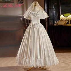 AnXin SH princess white satin o neck French Retro beading bow short puff sleeve ball gown lace up customized evening dress